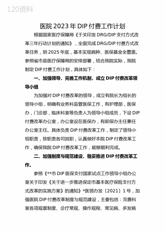 医院2023年DIP付费工作计划