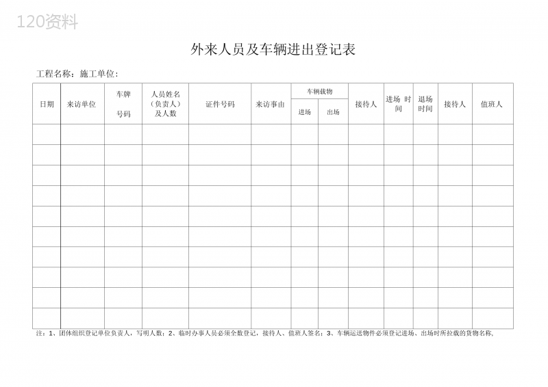 外来人员及车辆进出登记表