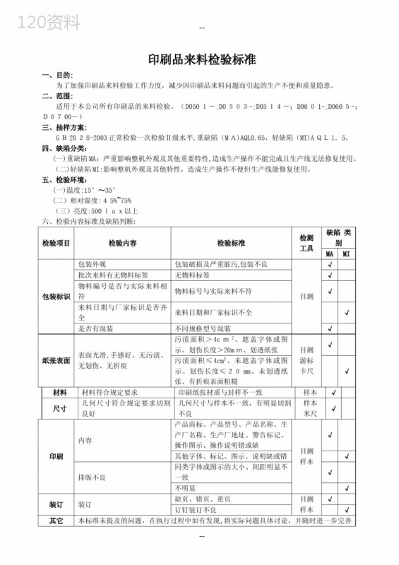 印刷品来料检验标准