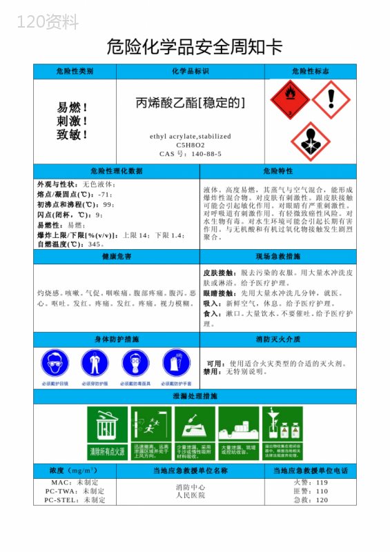 丙烯酸乙酯[稳定的]-危险化学品安全周知卡