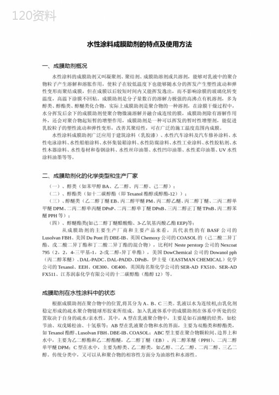 水性涂料成膜助剂分类特点及使用方法