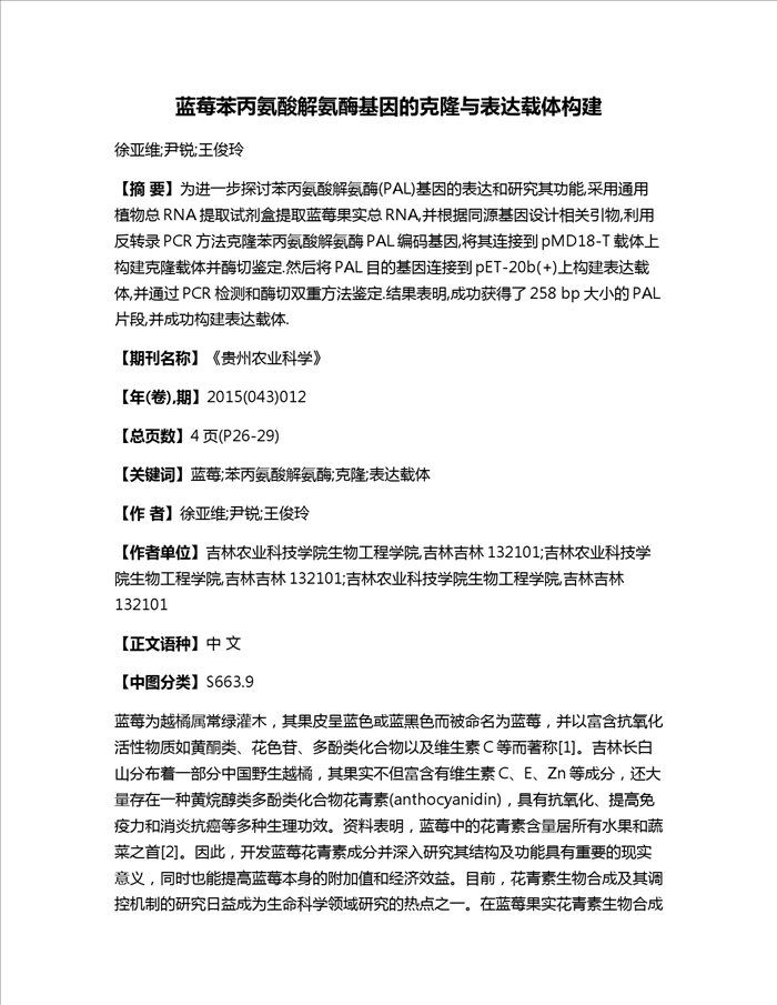 蓝莓苯丙氨酸解氨酶基因的克隆与表达载体构建