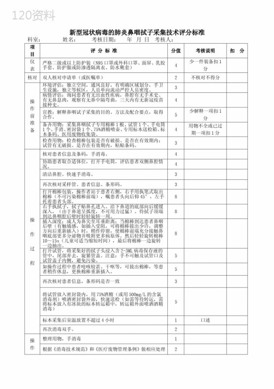 鼻咽拭子采集评分标准