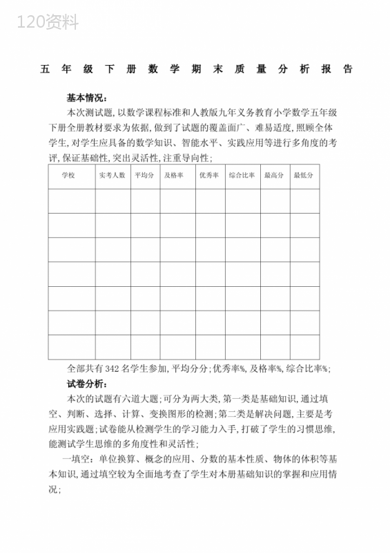 五年级下册数学期末检测试卷分析报告