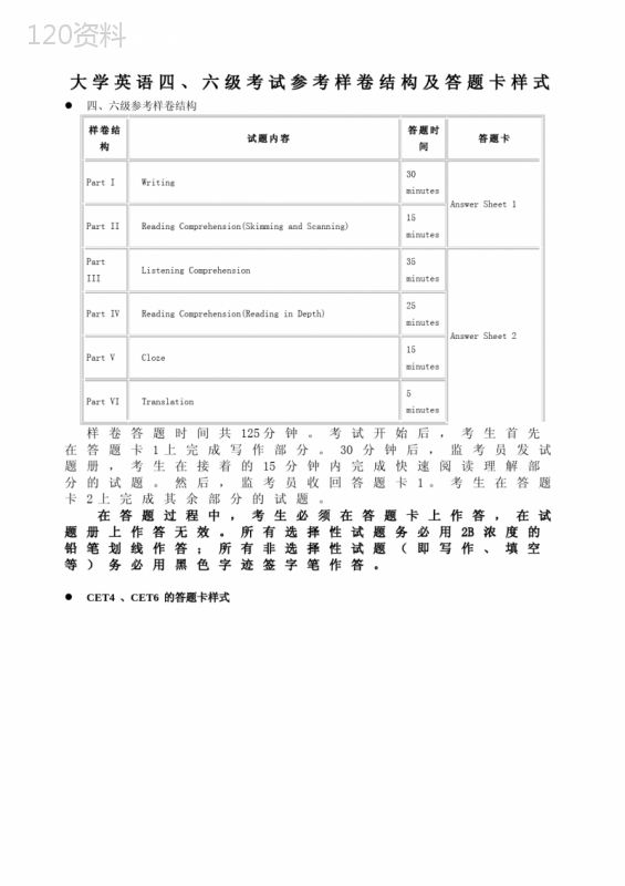 四六级样卷分布和答题卡式样