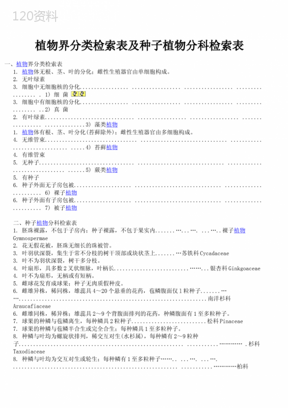 植物界分类检索表及种子植物分科检索表