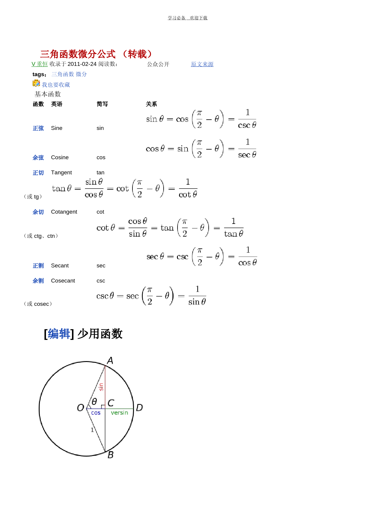 三角函数微分公式