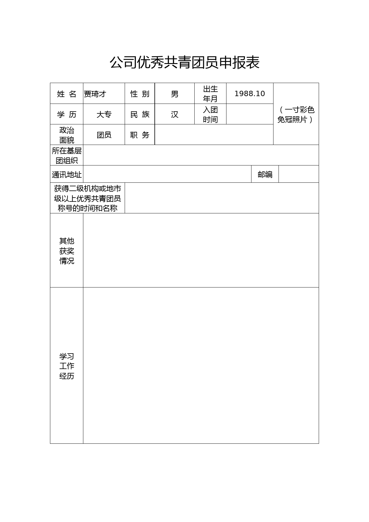 公司优秀共青团员申报表