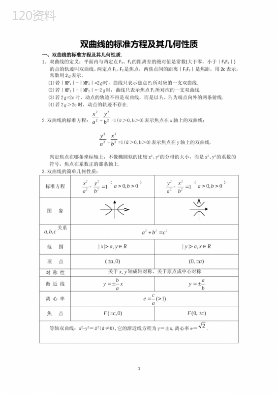 双曲线的标准方程及其几何性质