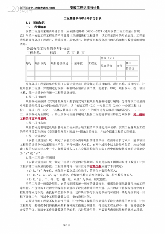 工程量清单与综合单价分析表