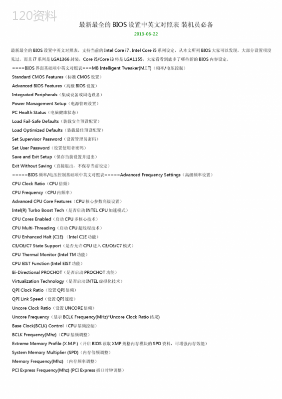 最新最全的BIOS设置中英文对照表-装机员必备