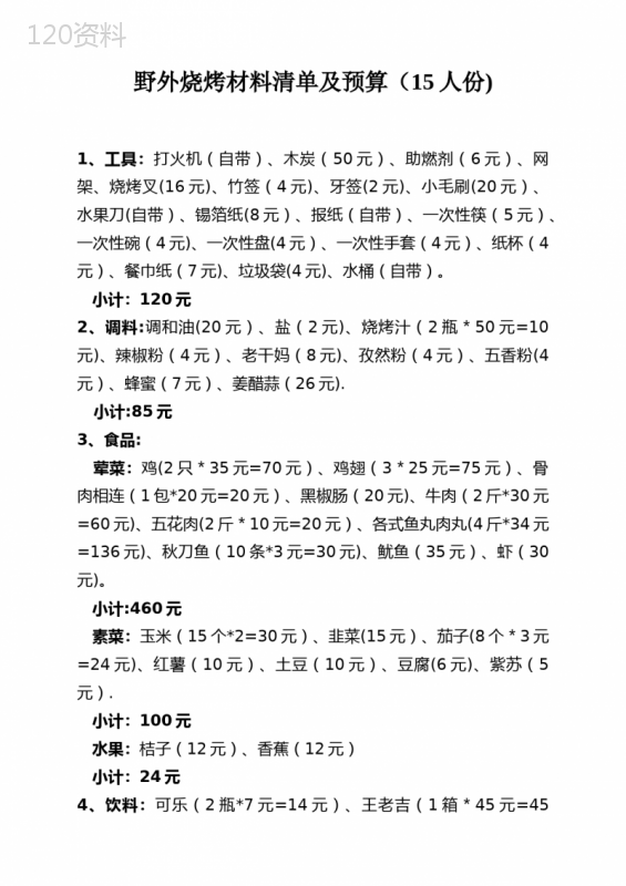 野外烧烤材料清单及预算