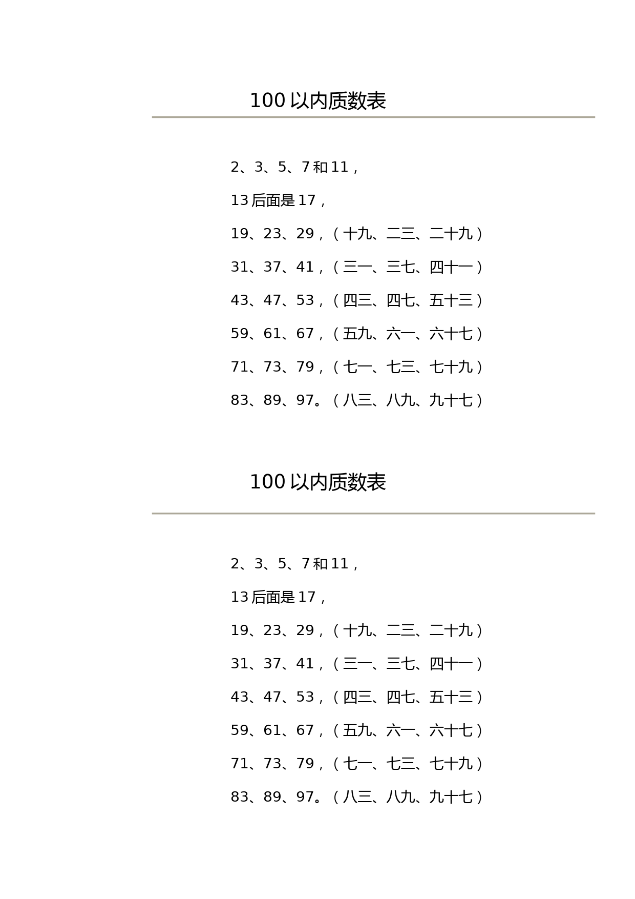 100以内质数表