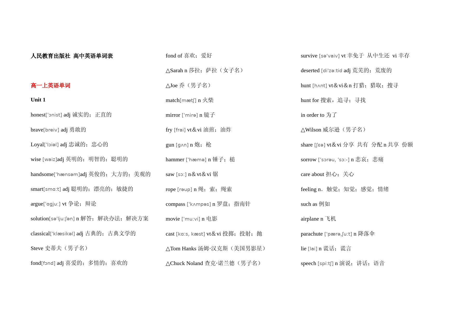 人教版高中英语词汇表(分单元带音标完整版)Word版