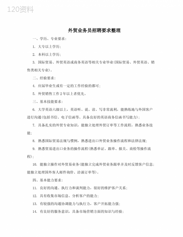 外贸业务员招聘要求整理