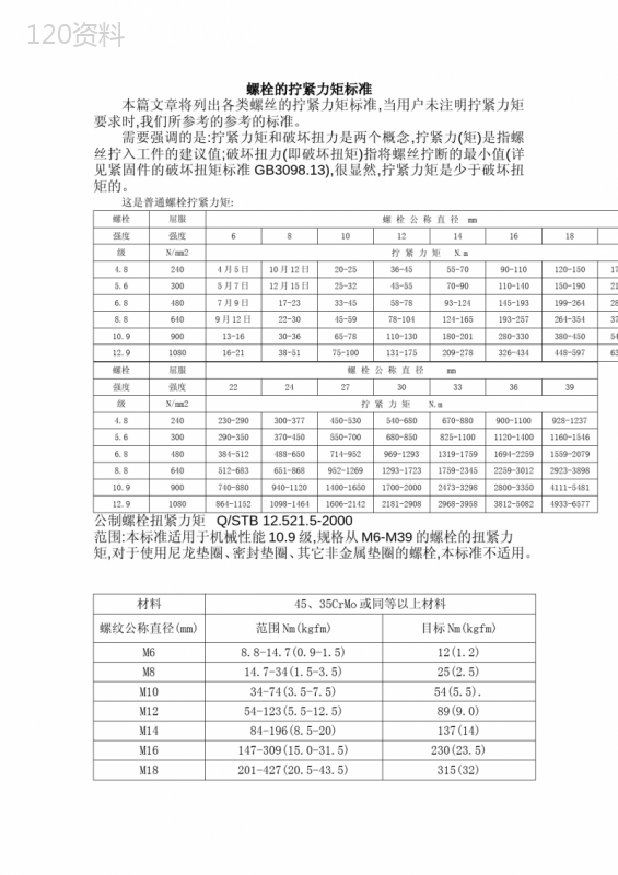 螺栓拧紧力矩标准