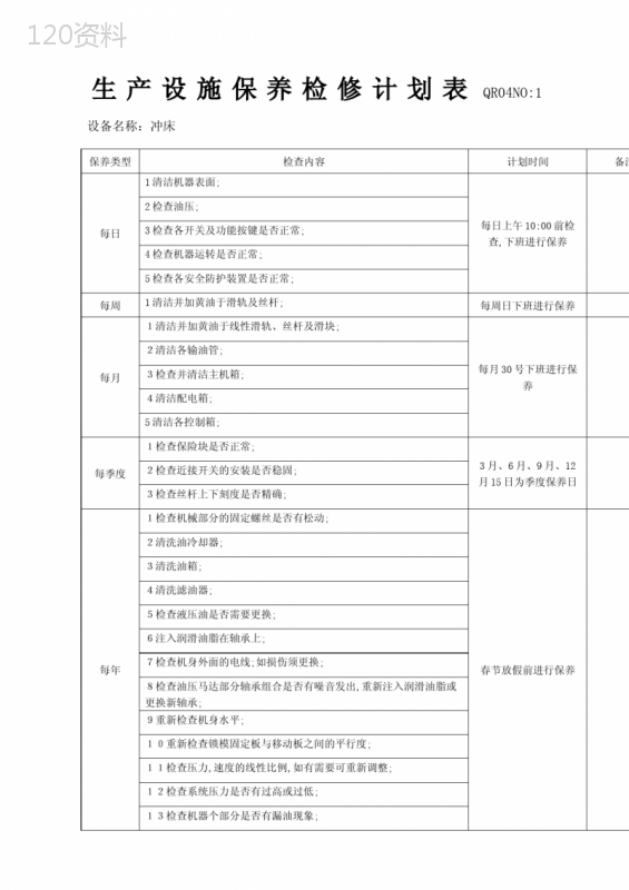 设备维护保养计划清单