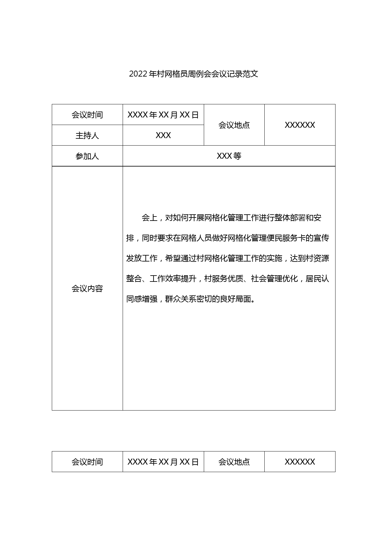 2022年村网格员周例会会议记录范文