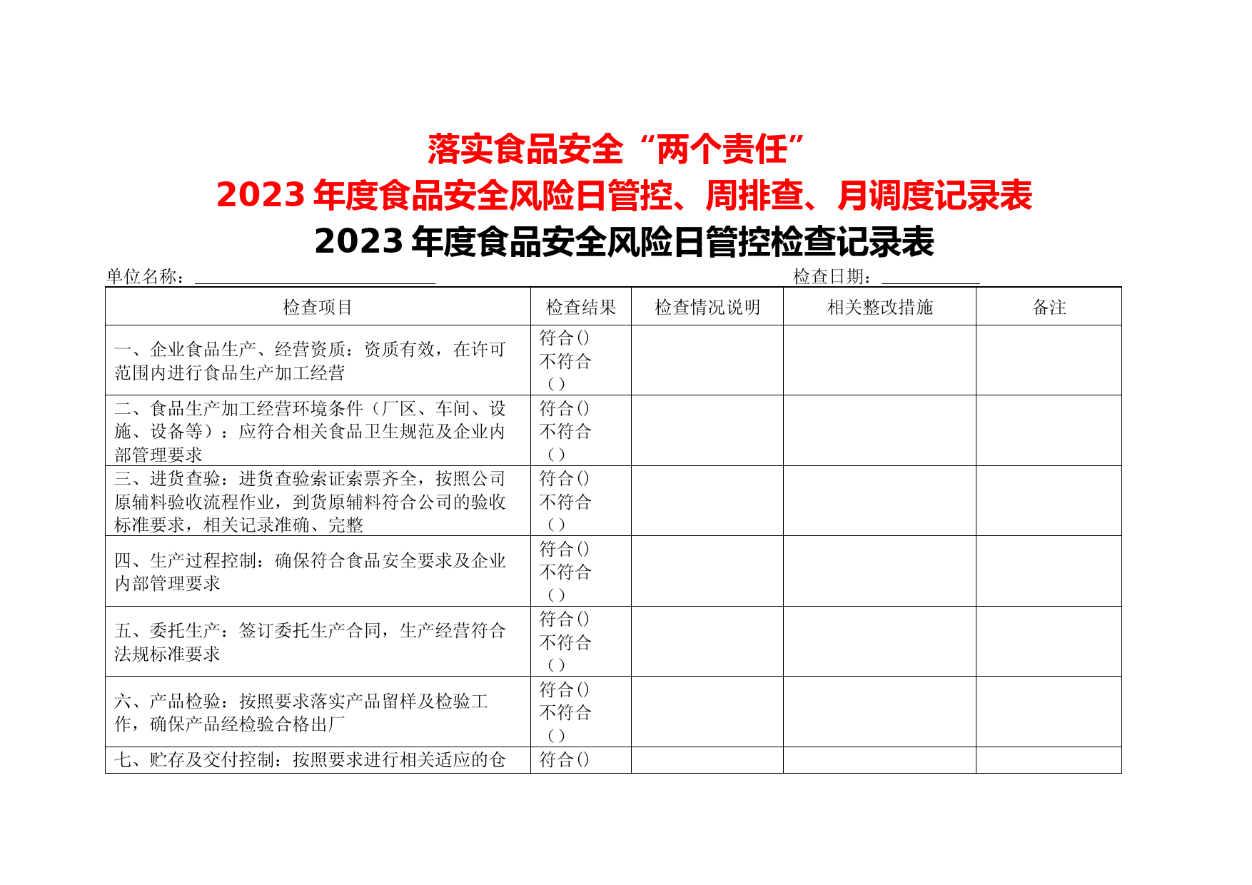 2023年度食品安全风险日管控、周排查、月调度记录表