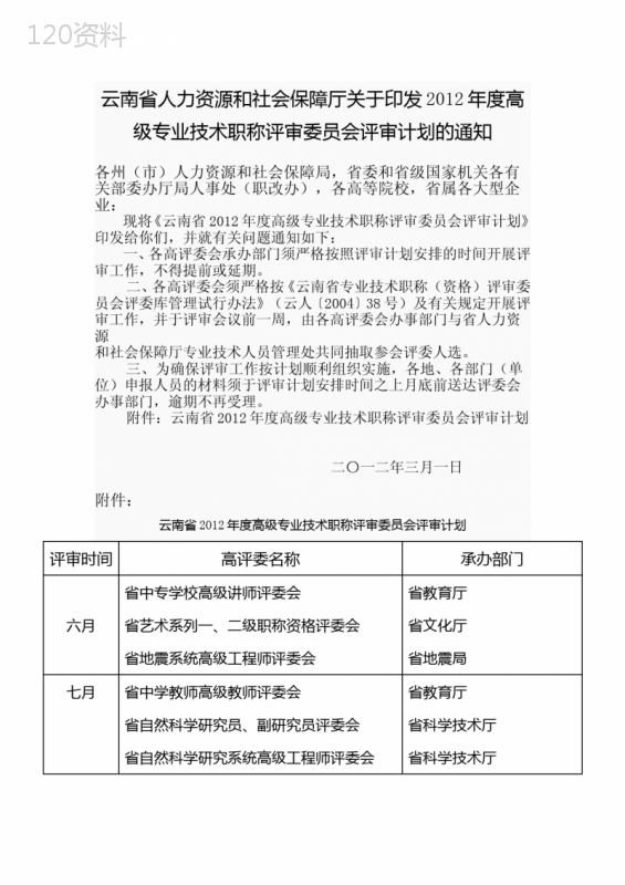 云南省2012年度高级专业技术职务评审委员会评审通知与计划