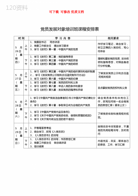 党员发展培训班课程表-最新--可下载--可修改--优质文档