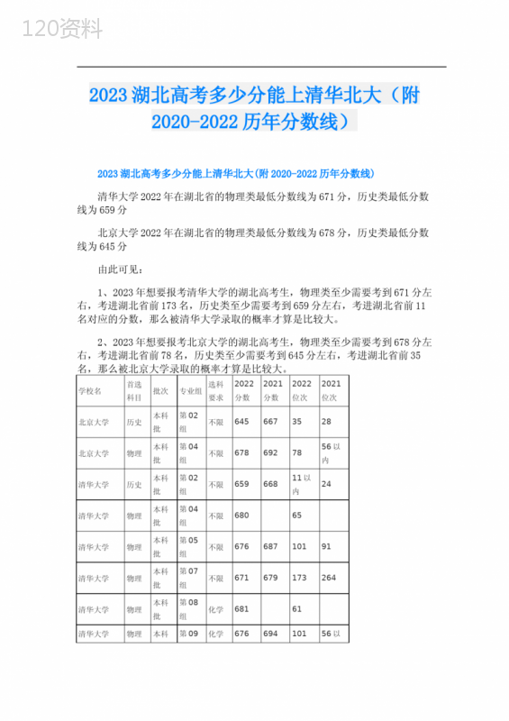 2023湖北高考多少分能上清华北大(附-历年分数线)
