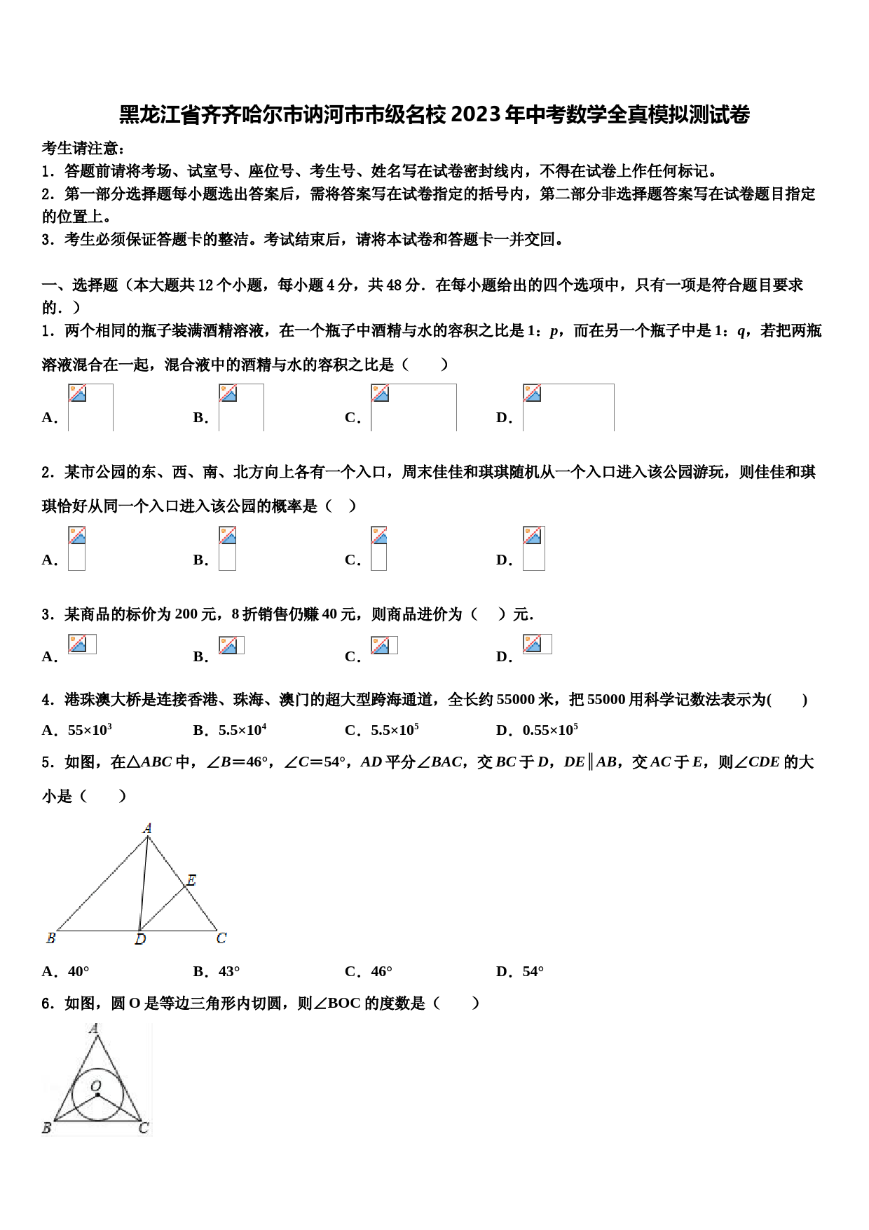 黑龙江省齐齐哈尔市讷河市市级名校2023学年中考数学全真模拟试卷(含答案解析)