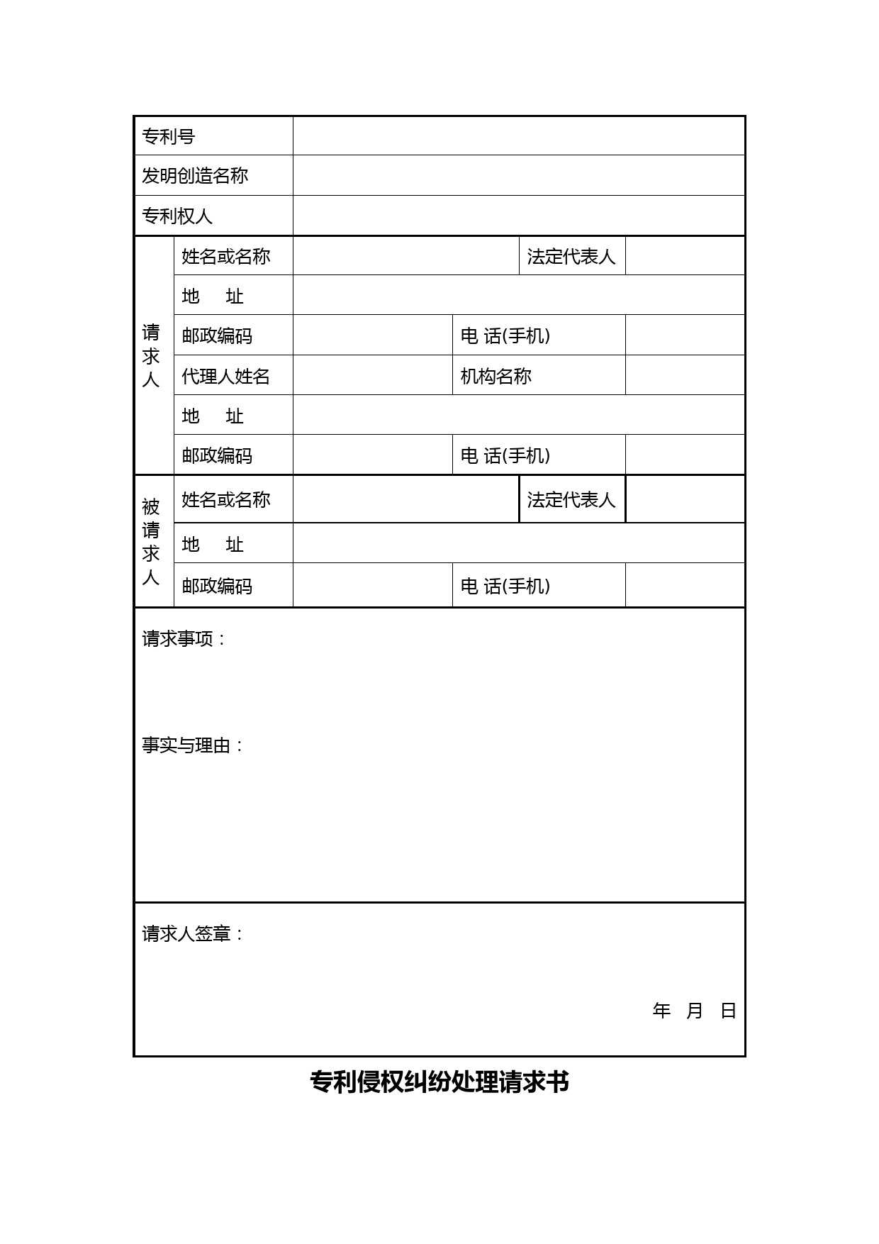 专利侵权纠纷处理请求书、请求人提交给行政部门的证据材料清单、请求人提交给被请求人的证据材料清单