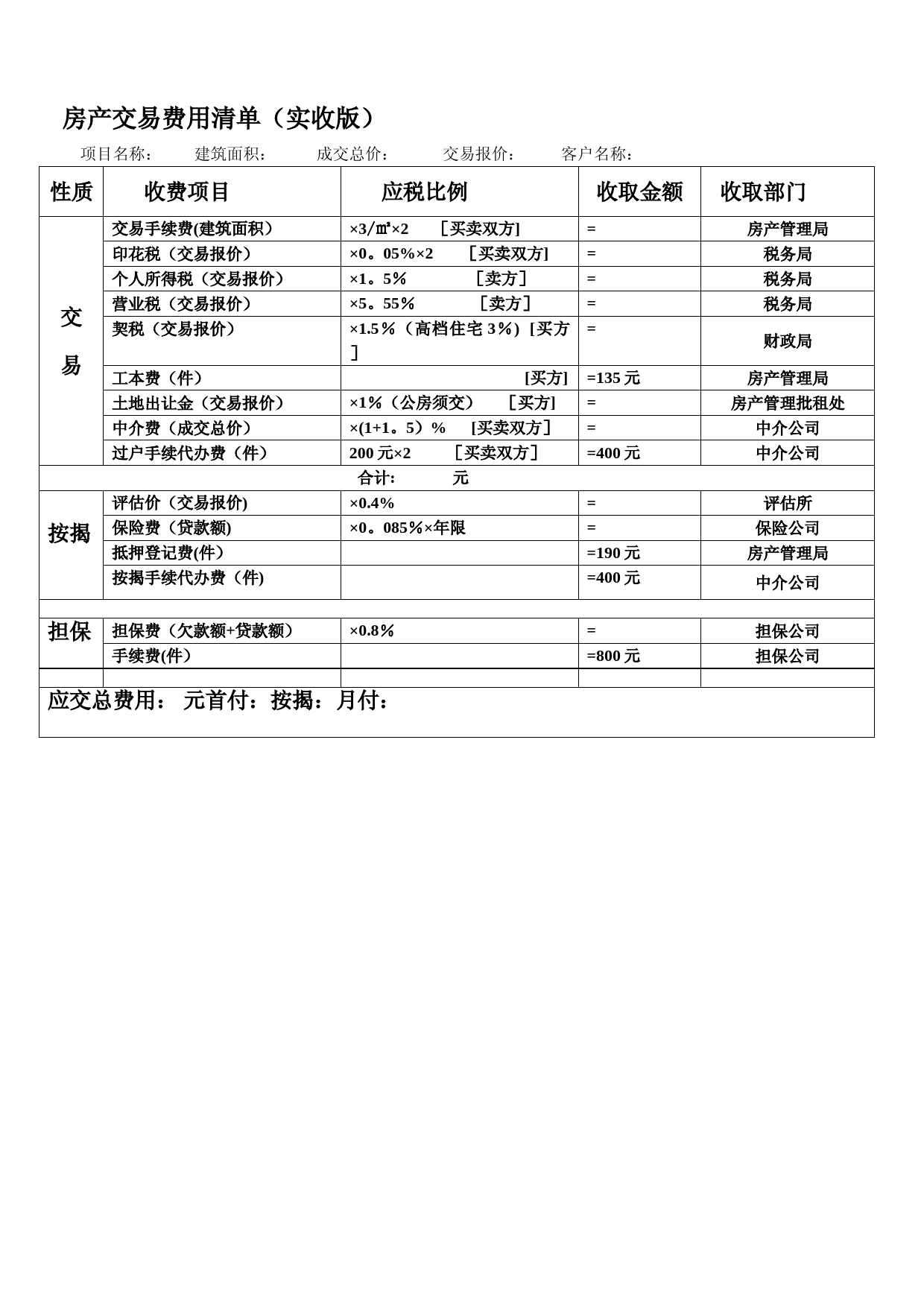 二手房交易税费计算明细表