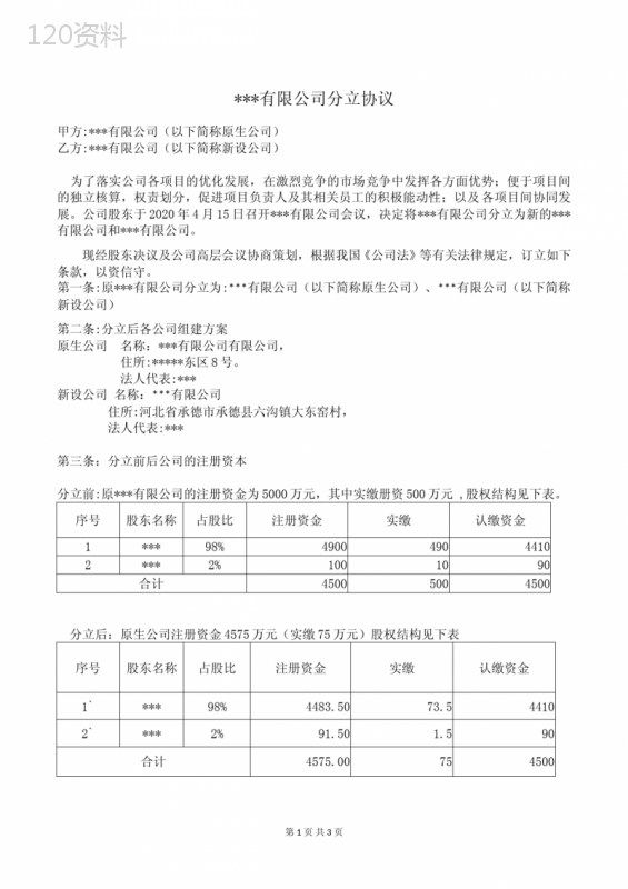 企业分立实施方案