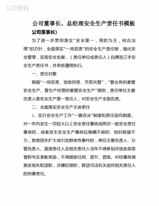 公司董事长、总经理安全生产责任书模板