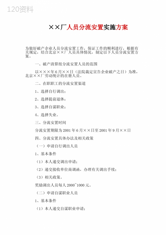 ××厂人员分流安置实施方案