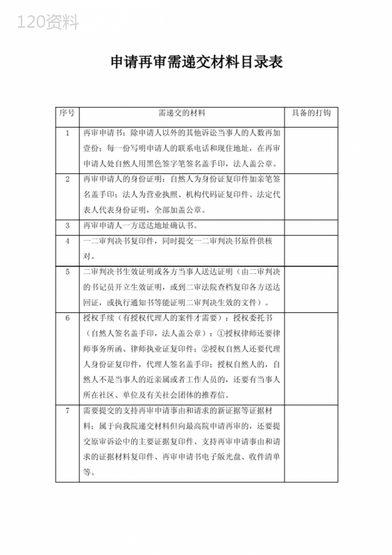 申请再审需递交材料目录表