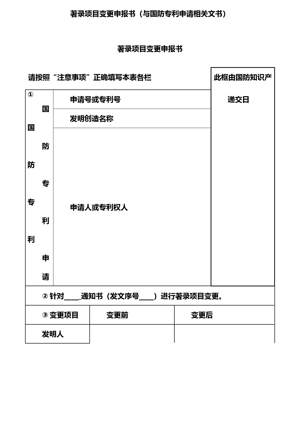 著录项目变更申报书(与国防专利申请相关文书)