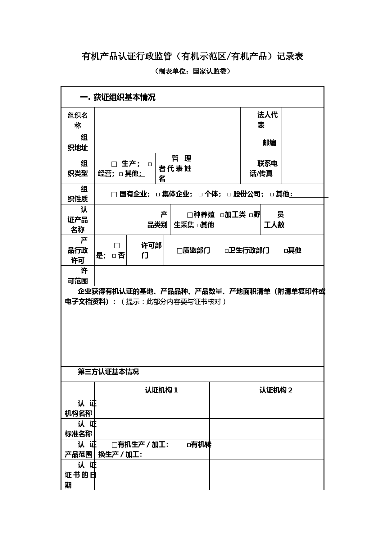 有机产品认证行政监管有机示范区有机产品记录表