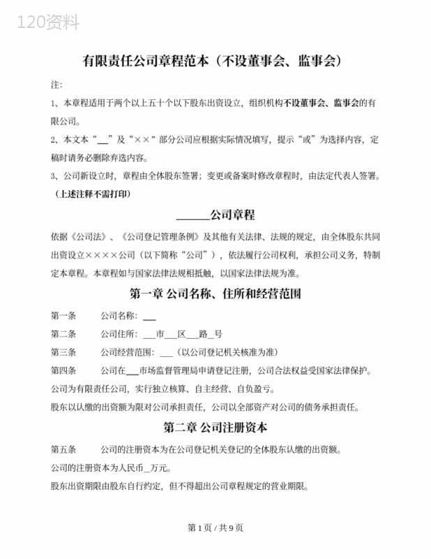 有限责任公司章程范本（不设董事会、监事会）（湖南省2021版）