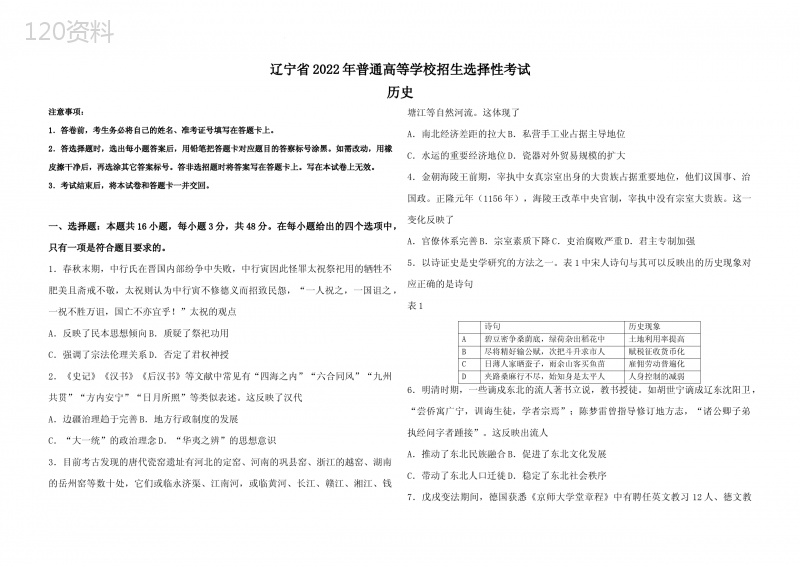 2022年新高考辽宁历史高考真题文档版(原卷)含答案