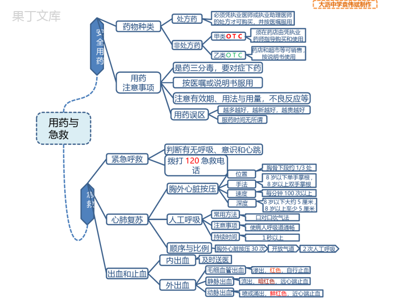人教版初中生物八年级下册思维导图-用药与急救