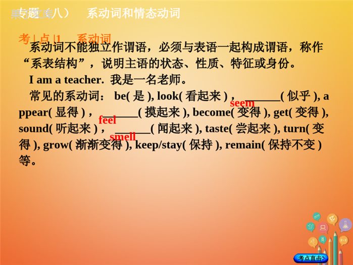 湖南省2018年中考英语总复习第二部分语法点击专题(八)系动词和情态动词课件人教新目标版