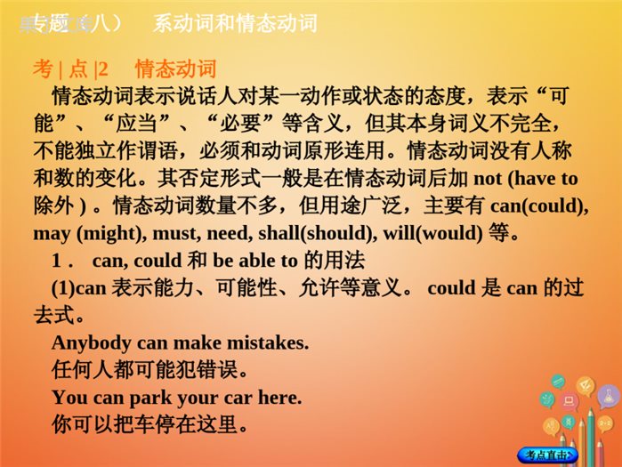 湖南省2018年中考英语总复习第二部分语法点击专题(八)系动词和情态动词课件人教新目标版